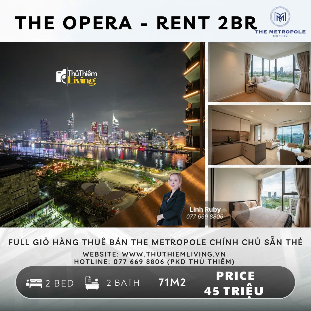 Cho Thuê Căn Hộ 2PN The Opera, 71m2, Nội Thất Đầy Đủ, View Quận 1 & Bitexco, Giá Tốt