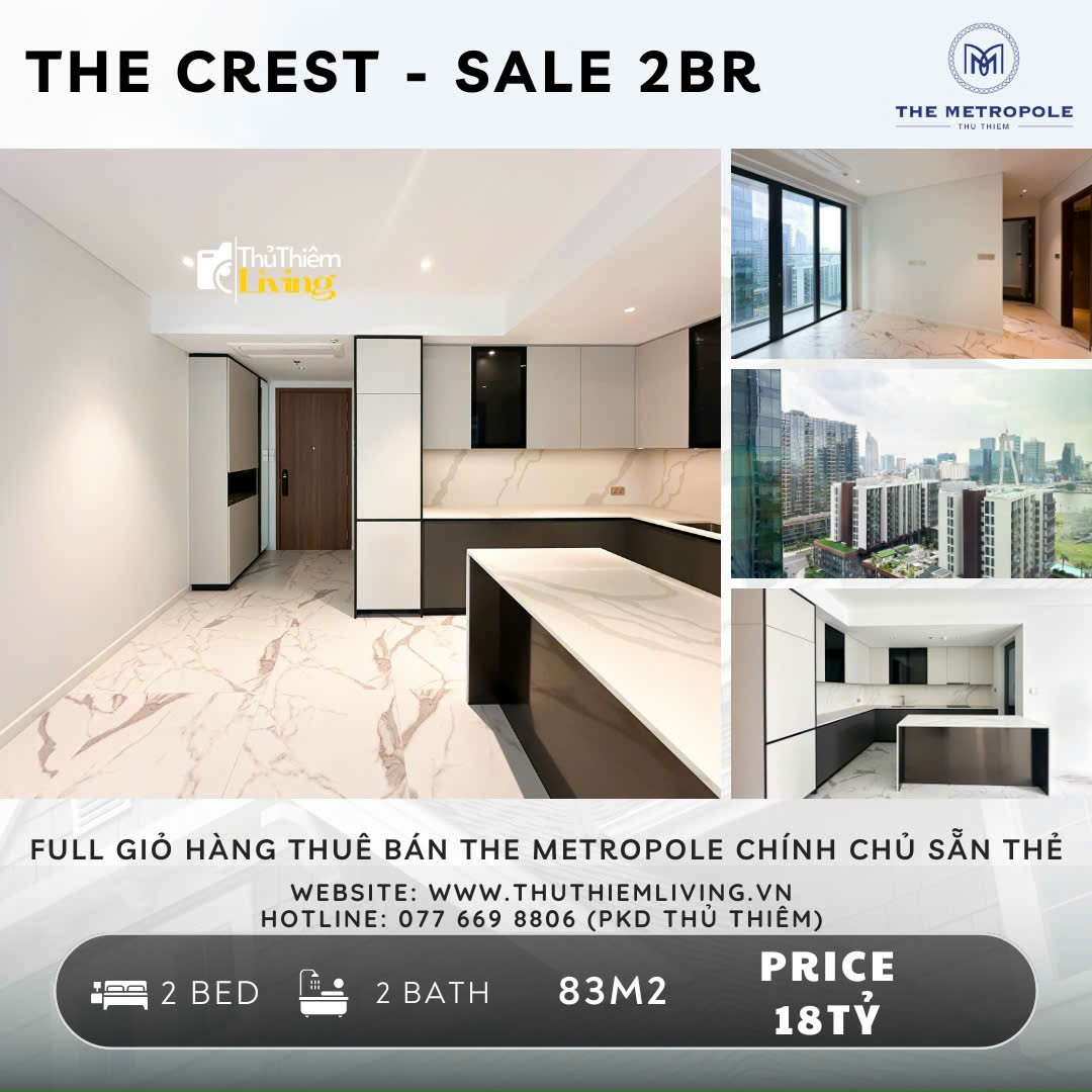 Bán Căn Hộ 2PN The Crest, 83m2, View Sông Quận 1, Giá Tốt, Đầy Đủ Tiện Nghi